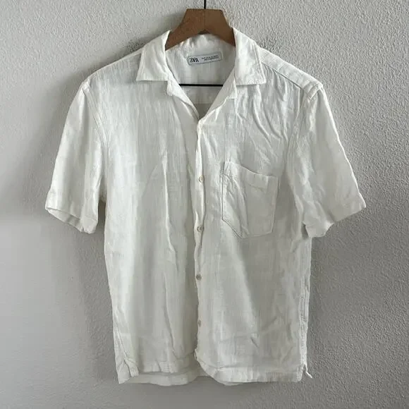 Zara Button Front Collar Textured Linen Blend Top Blouse Shirt Medium - Picture 1 of 6
